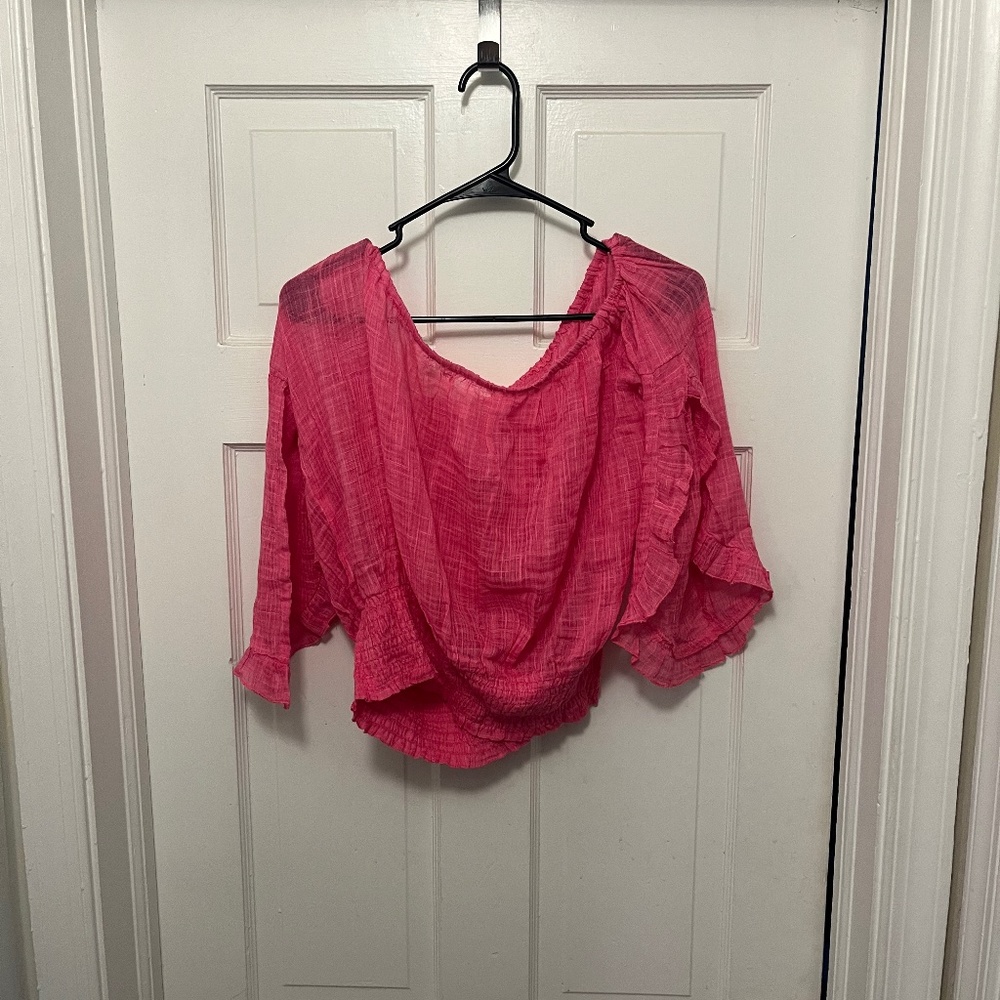 Pink Open Long Sleeve Ruffled Waist Off Shoulder Top